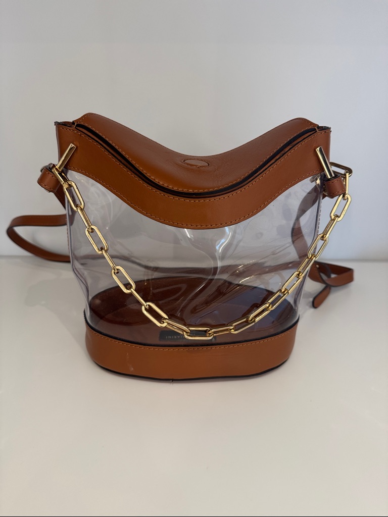 Clear Shoulder Bucket Bag With Tan Trim And Gold Chain
